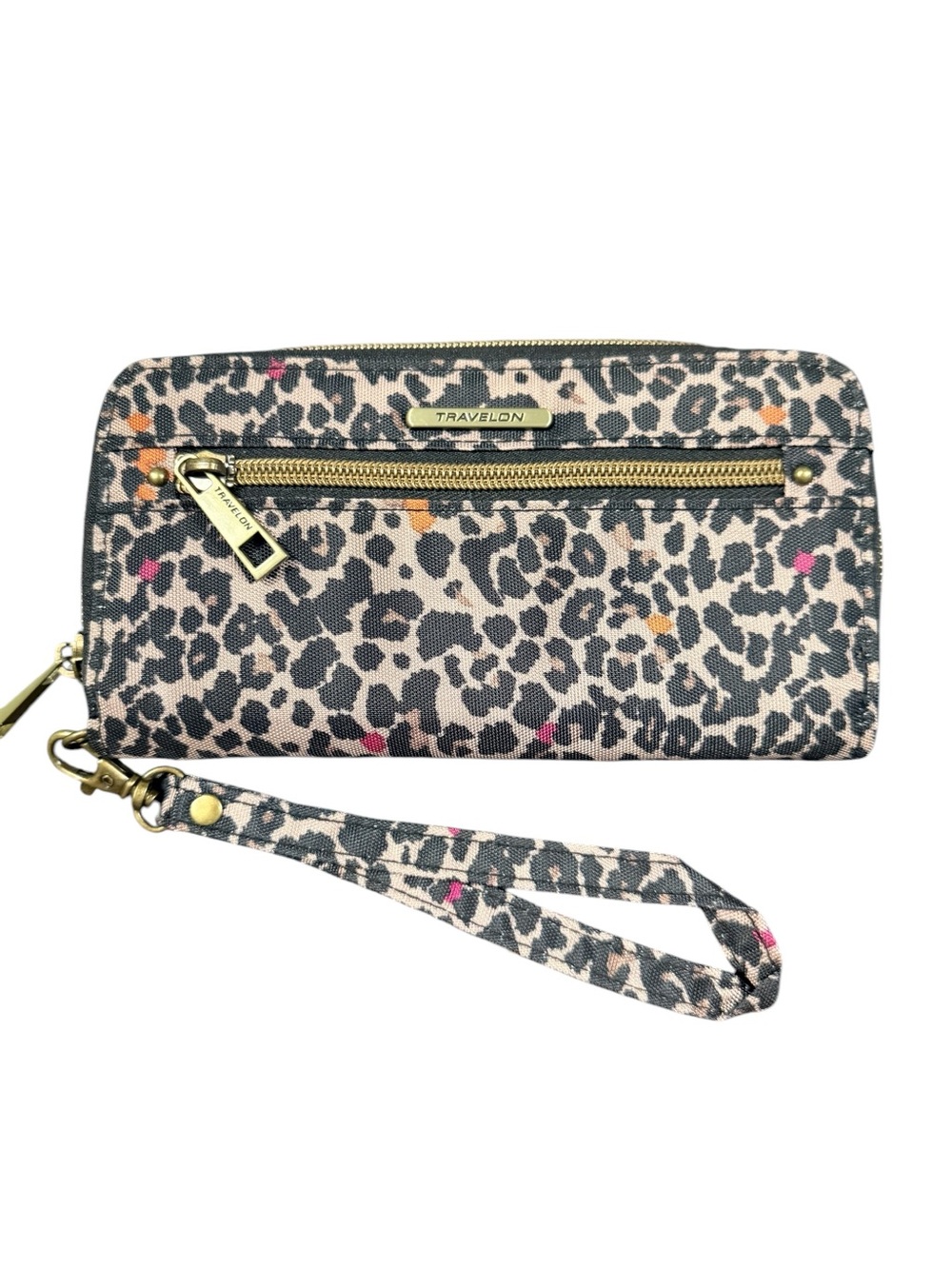 Travelon RFID Blocking Wallet Wristlet Leopard Print Zip Around Clutch New